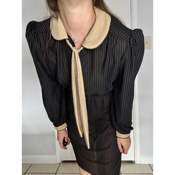 Vintage Luci Fellini 1980s Black Pin Stripe Dress Polka Dot Neck Tie Collar - Picture 9 of 13